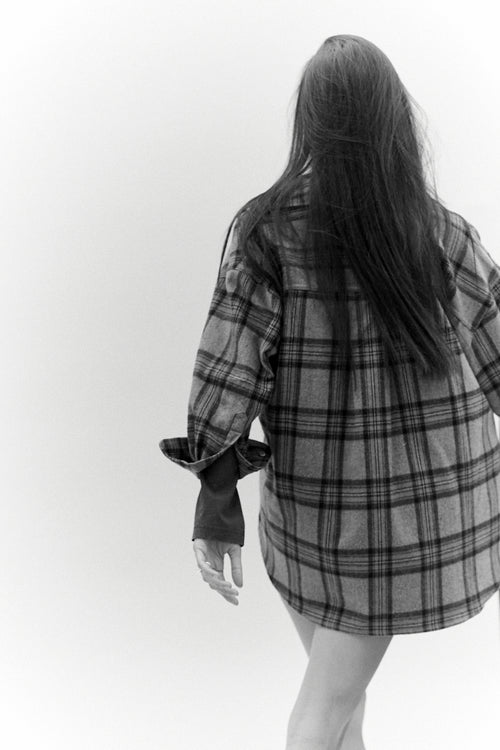 BRAEMAR - Oversized Grey Melange Plaid Flannel Shirt