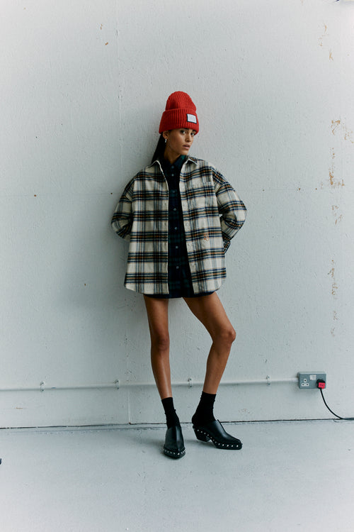 BRAEMAR - Oversized Cream Plaid Flannel Shirt