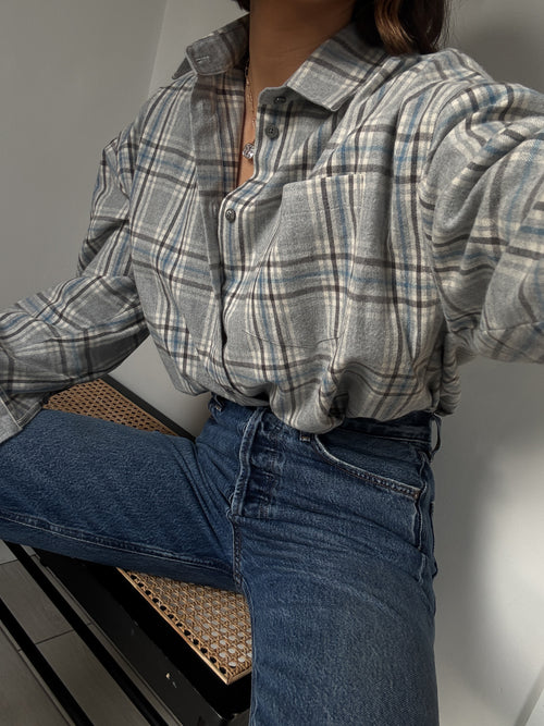 BRAEMAR Oversized Ice Grey Plaid Flannel Shirt