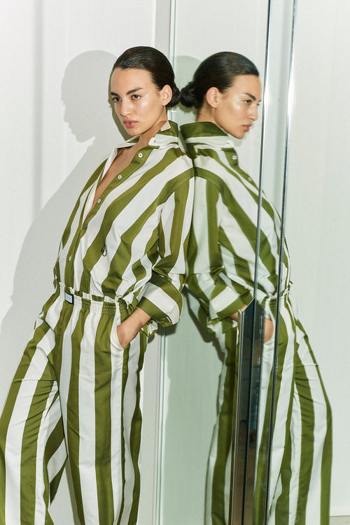 JANEIRO - Wide Bespoke Olive Green Striped Trouser