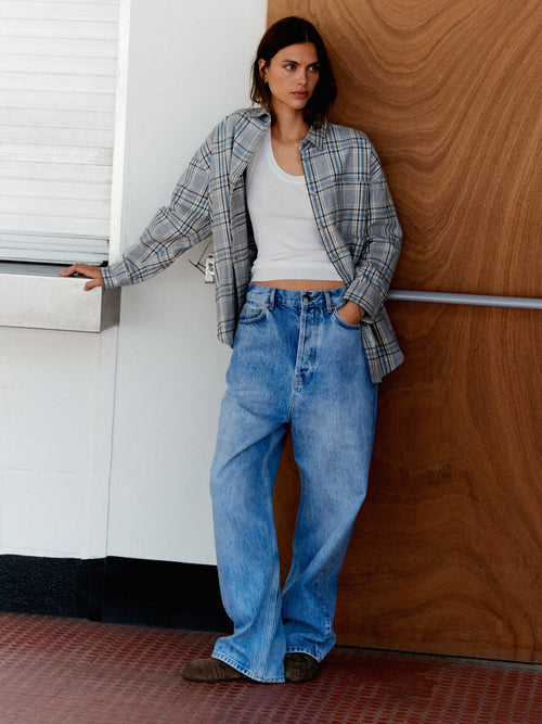BRAEMAR - Oversized Ice Grey Plaid Flannel Shirt