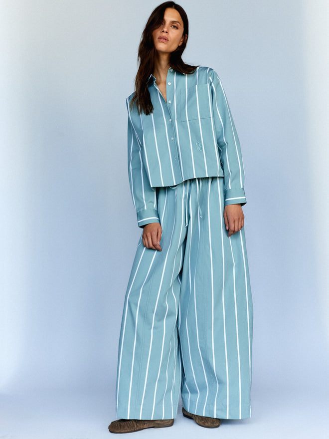 SOLLER - Bespoke Duck Egg Blue Stripe Trouser