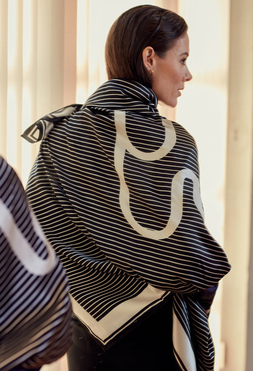 SAIL - Large Black Monogram Print Silk Scarf
