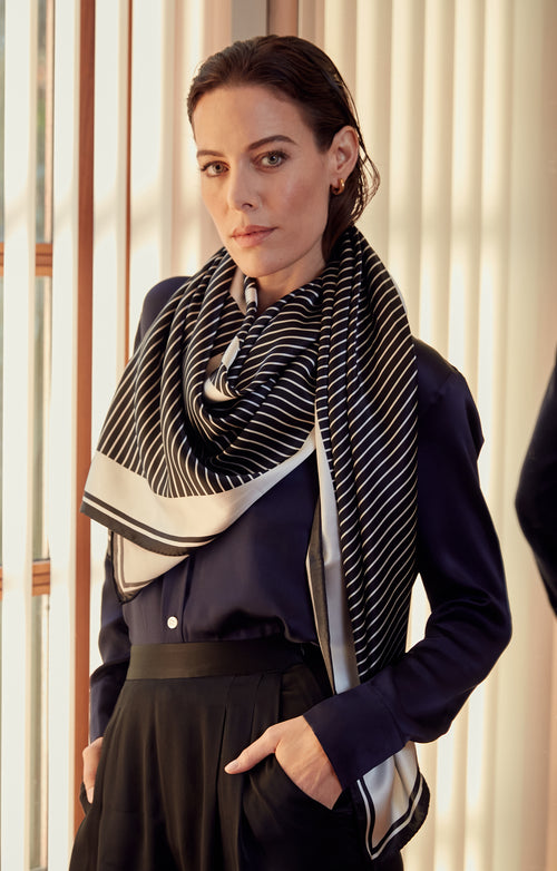 SAIL - Large Black Monogram Print Silk Scarf