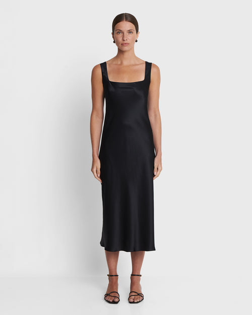 BEAM - Black A-Line Silk Midi Dress