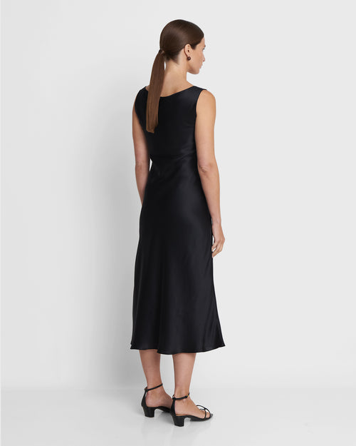 BEAM - Black A-Line Silk Midi Dress