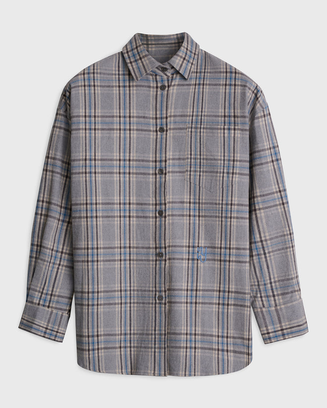 BRAEMAR - Oversized Ice Grey Plaid Flannel Shirt