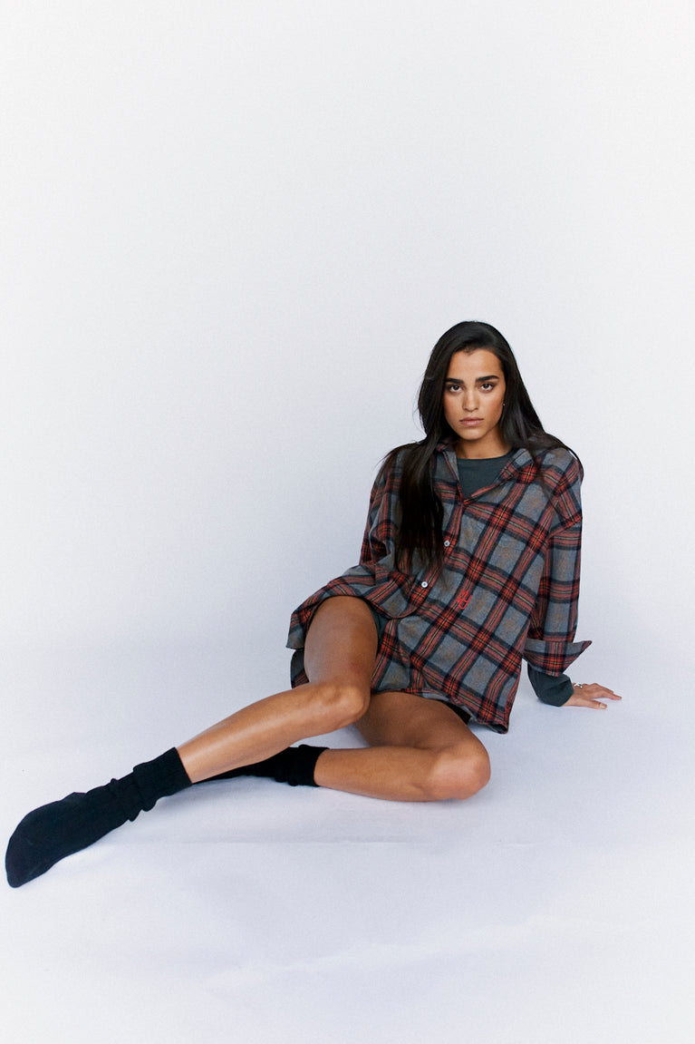 BRAEMAR - Oversized Grey Melange Plaid Flannel Shirt