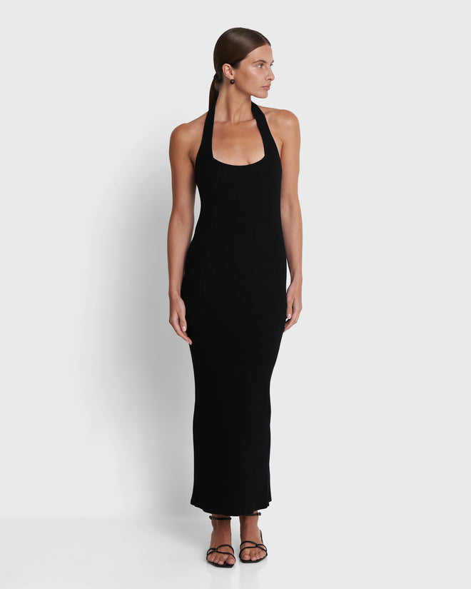 CAPRI - Ribbed Black Halter Dress