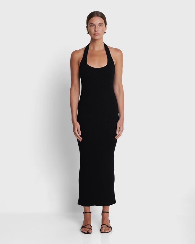 CAPRI - Ribbed Black Halter Dress