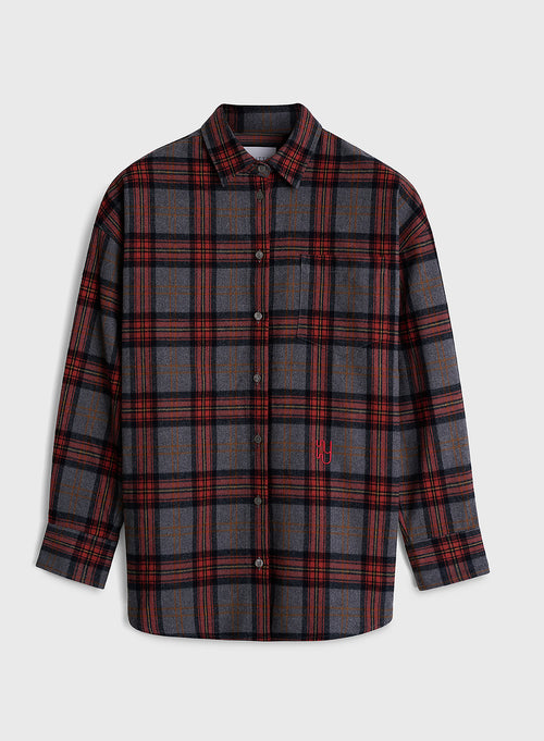 BRAEMAR - Oversized Grey Melange Plaid Flannel Shirt
