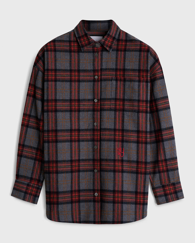 BRAEMAR - Oversized Grey Melange Plaid Flannel Shirt
