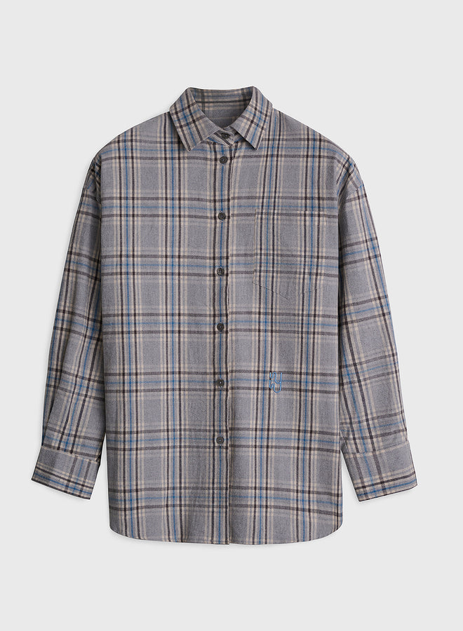 BRAEMAR - Oversized Ice Grey Plaid Flannel Shirt