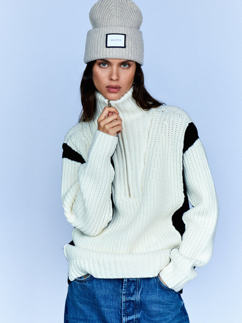 HAMPTON - Black & Off White Chunky Zip-Neck Sweater