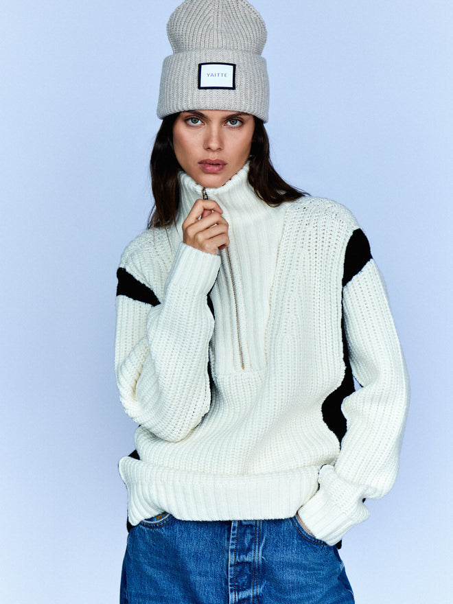 HAMPTON - Black & Off White Chunky Zip-Neck Sweater