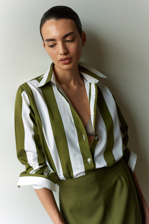 PUGLIA - Wide Bespoke Olive Green Striped Shirt