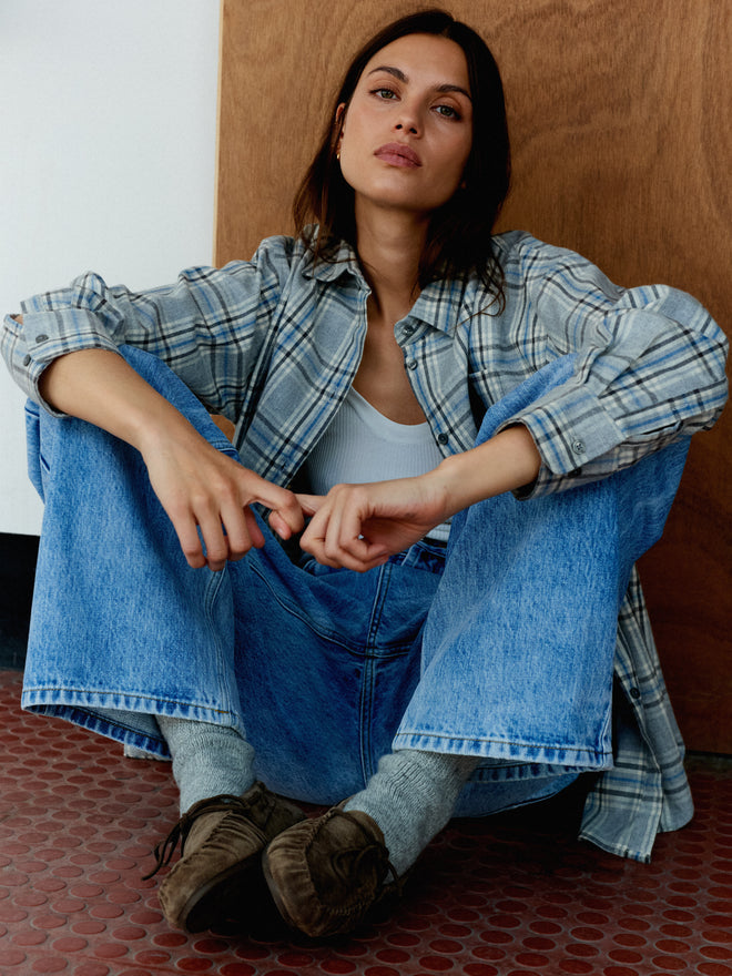 BRAEMAR - Oversized Ice Grey Plaid Flannel Shirt