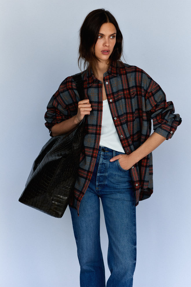 BRAEMAR - Oversized Grey Melange Plaid Flannel Shirt
