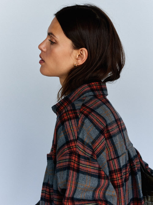 BRAEMAR - Oversized Grey Melange Plaid Flannel Shirt